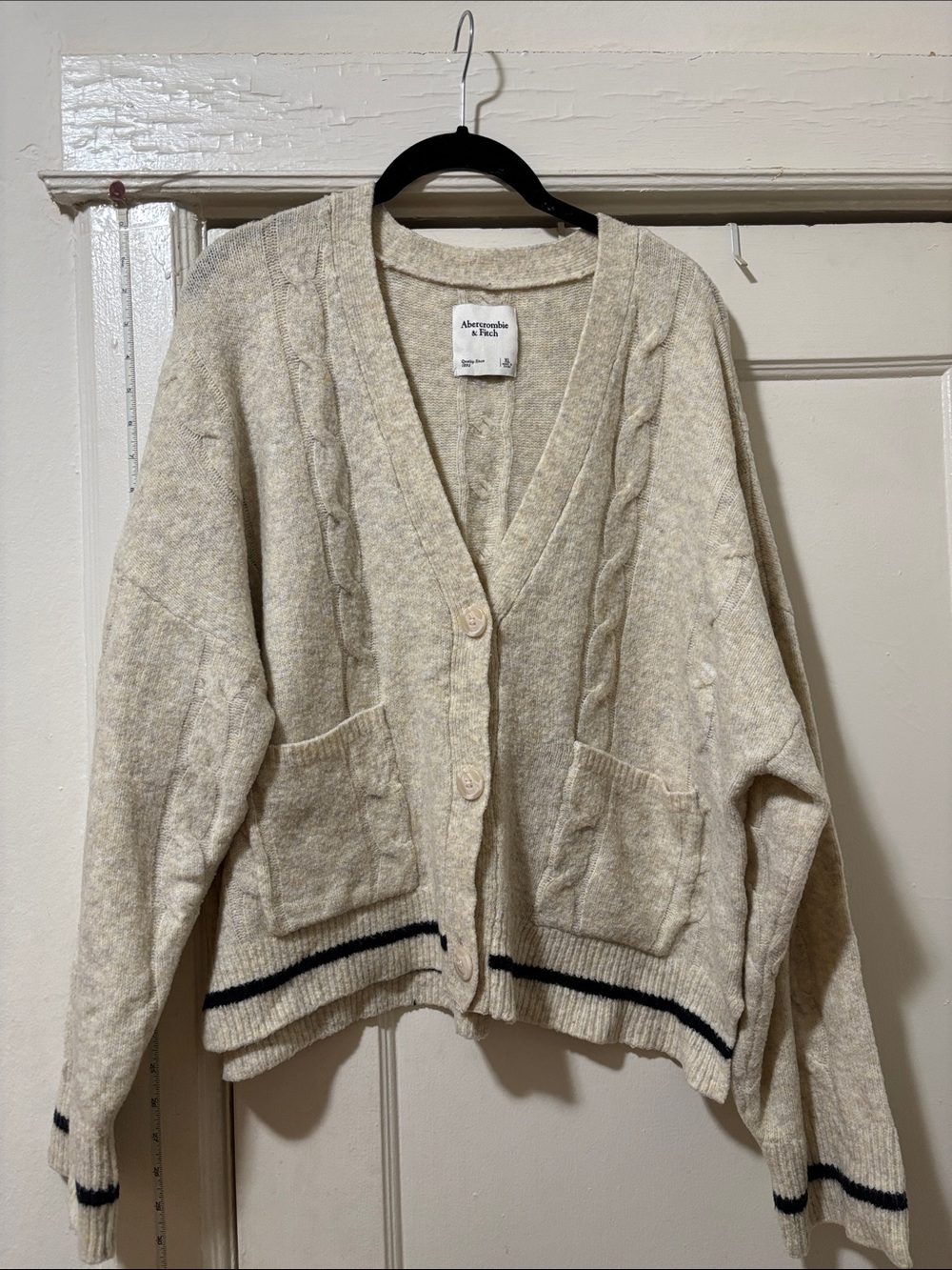 Abercrombie & Fitch Ivory Cable-Knit Button Cardigan with Navy Trim